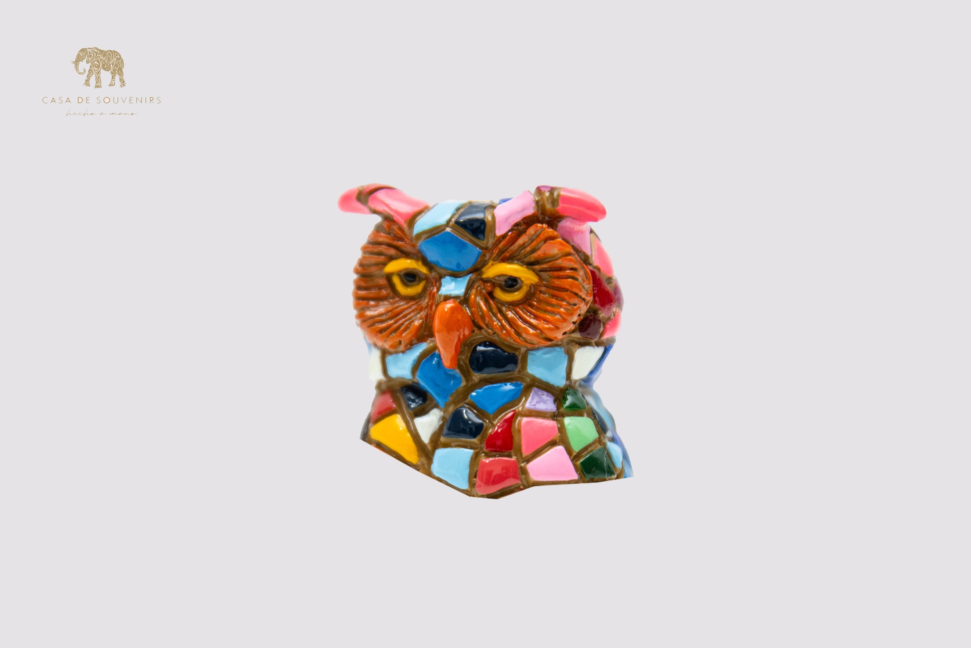 A Charming owl figurine, handcrafted in Spain and entirely hand-painted with a stunning mosaic pattern in vibrant.