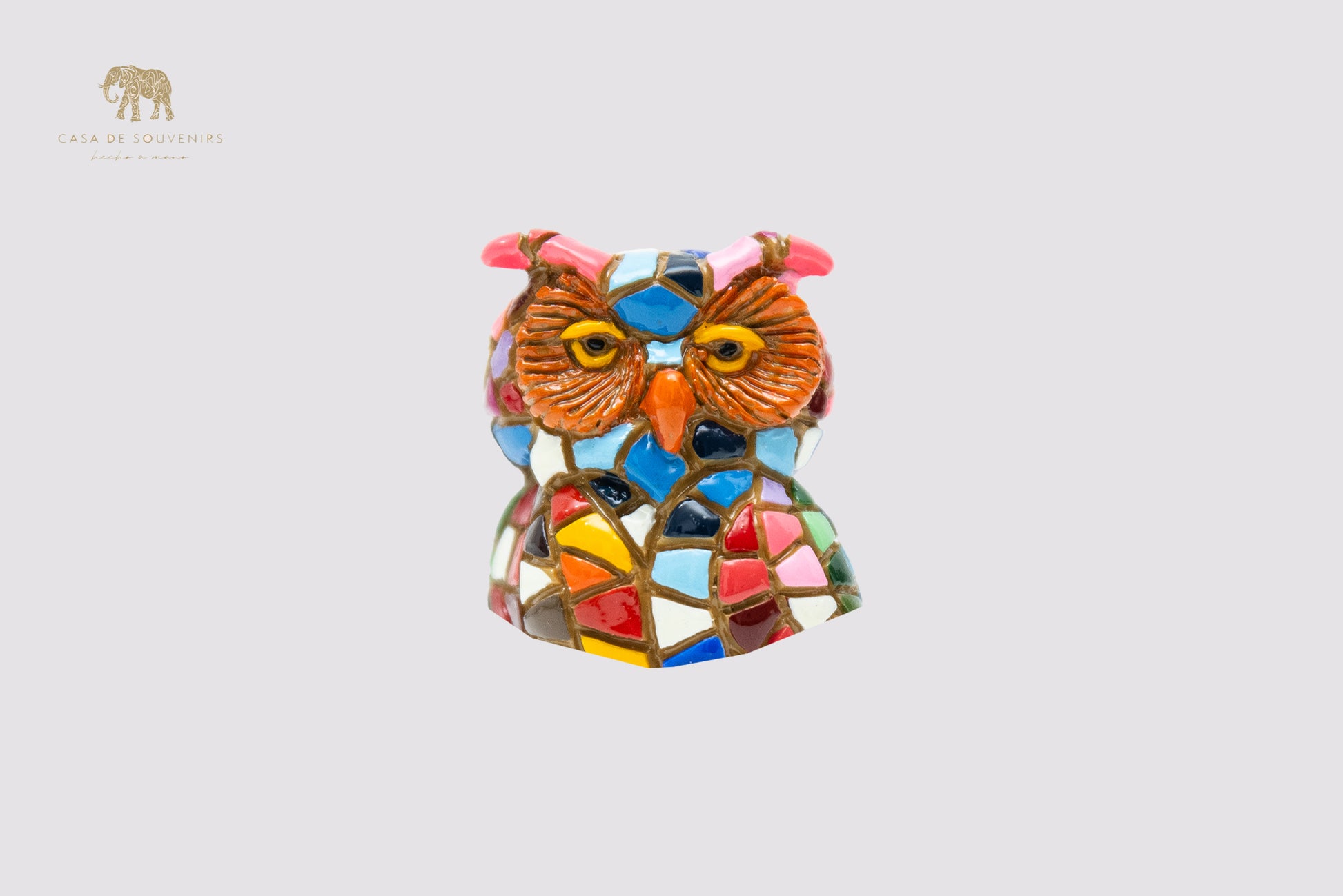 A Charming owl figurine, handcrafted in Spain and entirely hand-painted with a stunning mosaic pattern in vibrant.