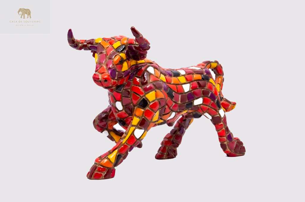 Mosaic Red And White Bull statue made with marble dust and with enamel. It's the best collection in Spain.