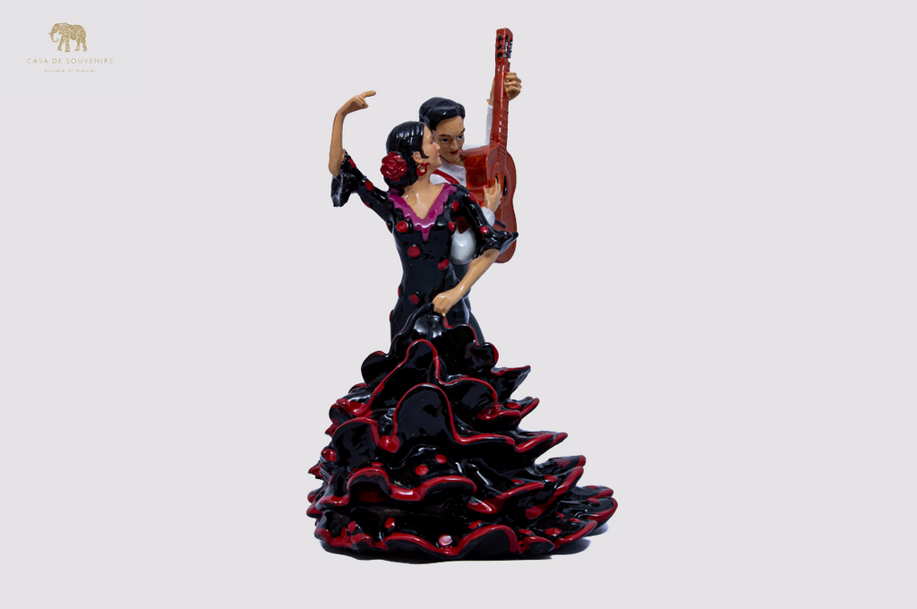 Black Flamenco Couple Dancer With Guitar ,statue made with marble dust and with enamel. It's the best collection in Spain .
