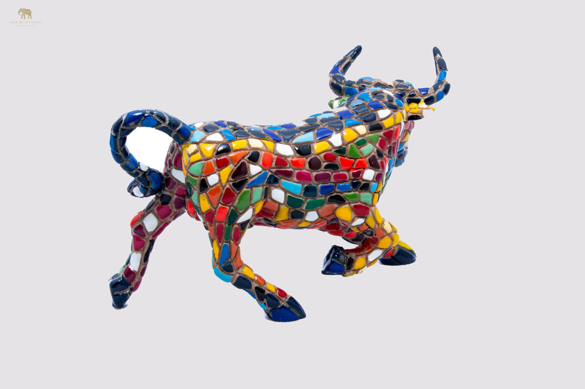 Mosaic Blue Bull statue With Big Horns made with marble dust and with enamel. It's the best collection in Spain.