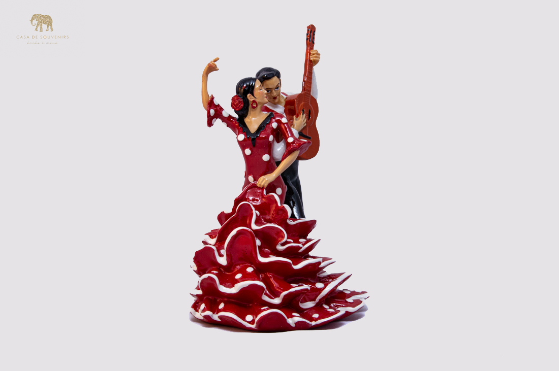 Red Flamenco Couple Dancer With Guitar ,statue made with marble dust and with enamel. It's the best collection in Spain .