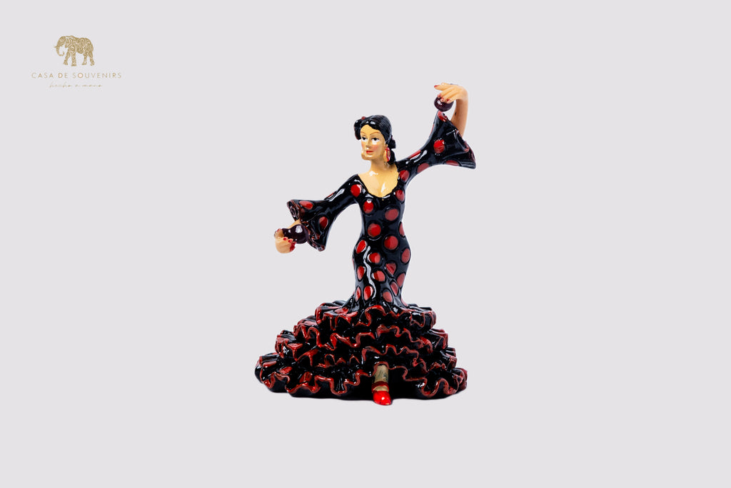 Spanish Black flamenco dancer With Red And Black Dress, Figurine hand painted and handmade in Spain.