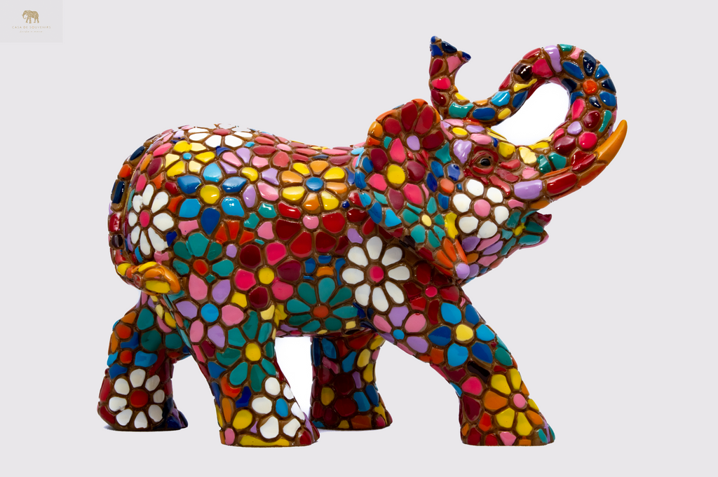 Flower Colores Elephant statue made with marble dust and with enamel. It's the best collection in Spain.