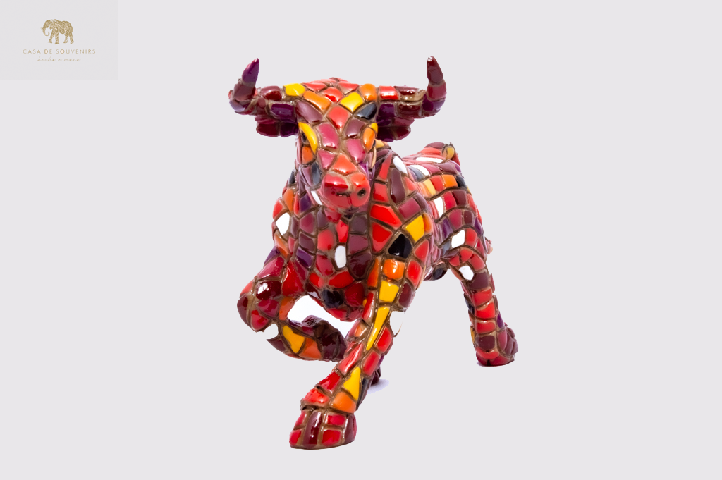 Mosaic Red And White Bull statue made with marble dust and with enamel. It's the best collection in Spain.