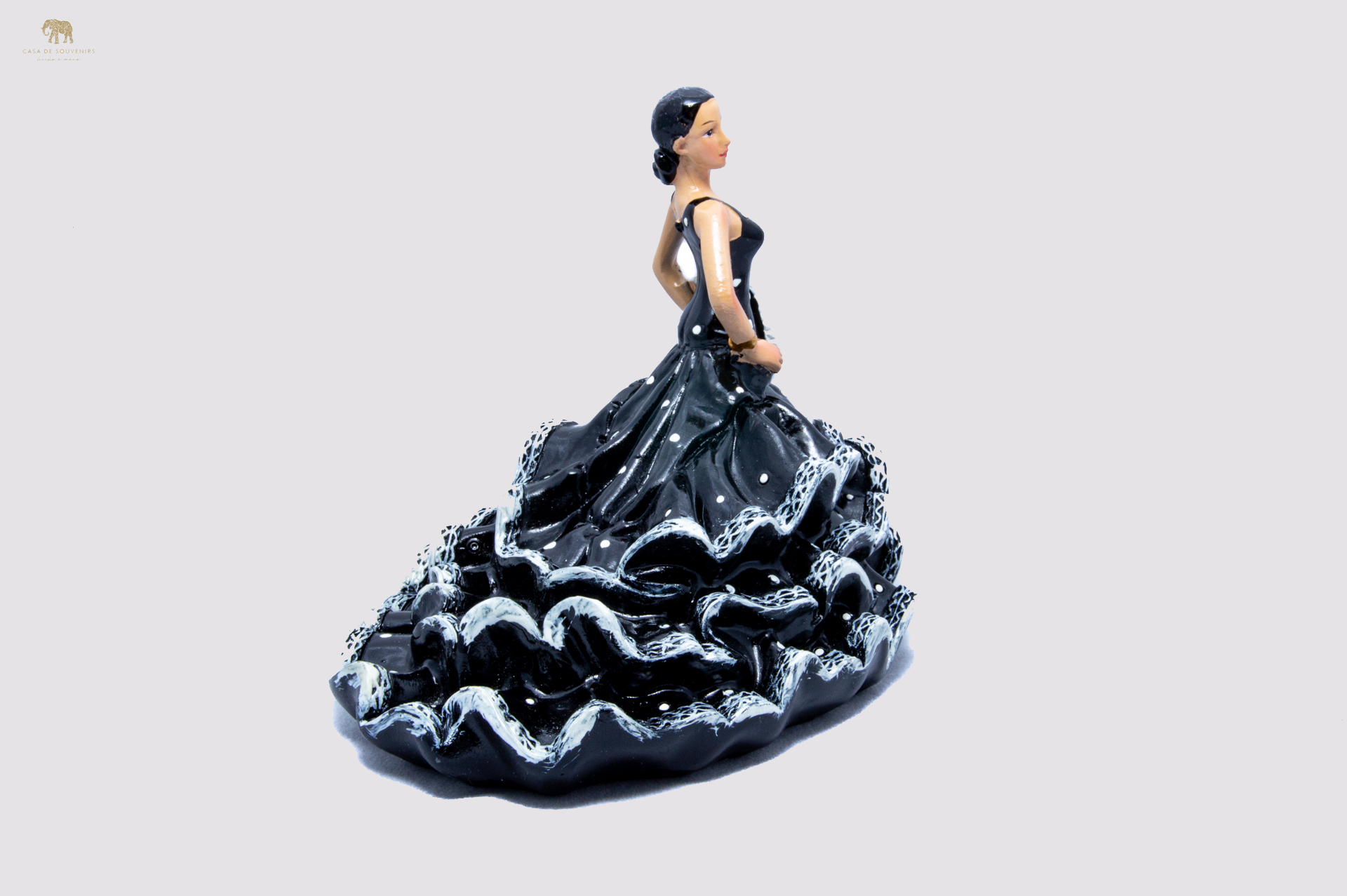 Spanish Black Flamenco Dancer With Long Dress, Figurine hand painted and handmade in Spain.