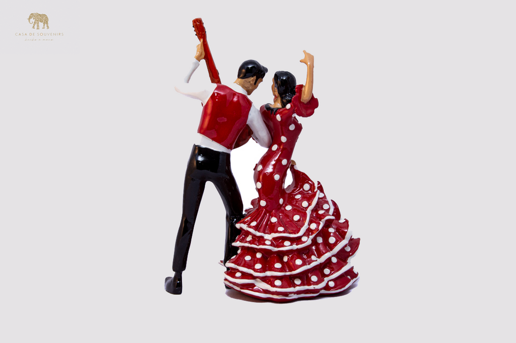Red Flamenco Couple Dancer With Guitar ,statue made with marble dust and with enamel. It's the best collection in Spain .