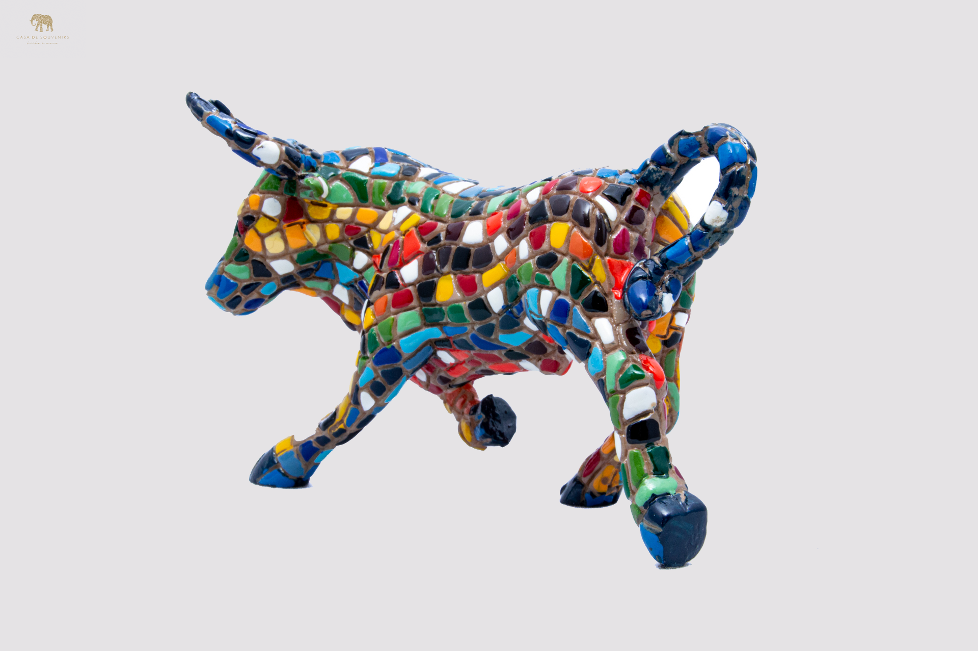 Mosaic Blue Bull statue With Big Horns made with marble dust and with enamel. It's the best collection in Spain.