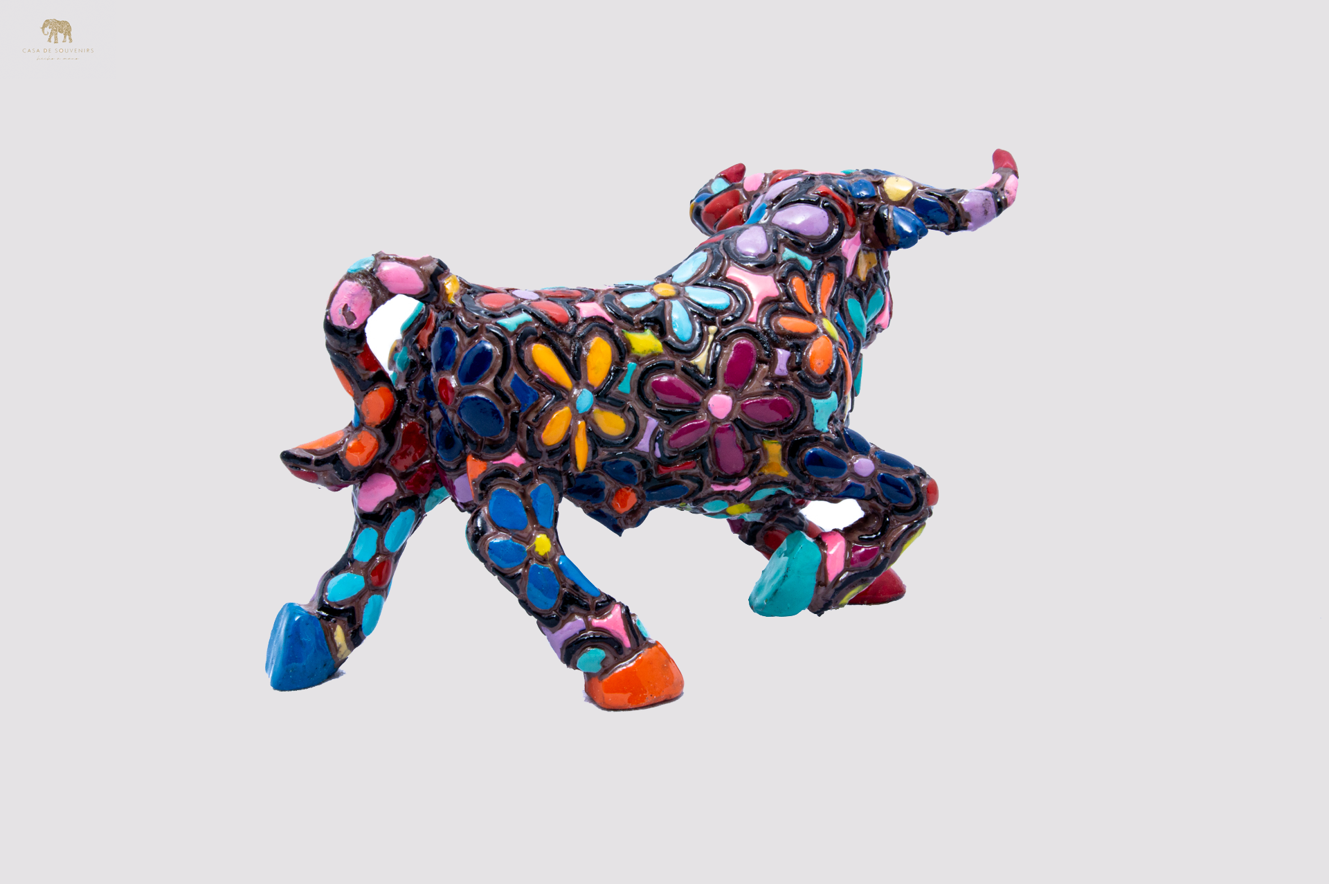 Black Flower Bull statue made with marble dust and with enamel. It's the best collection in Spain.