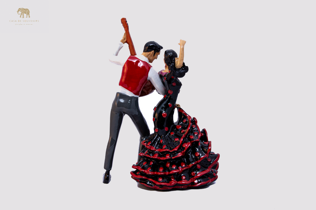 Black Flamenco Couple Dancer With Guitar ,statue made with marble dust and with enamel. It's the best collection in Spain .