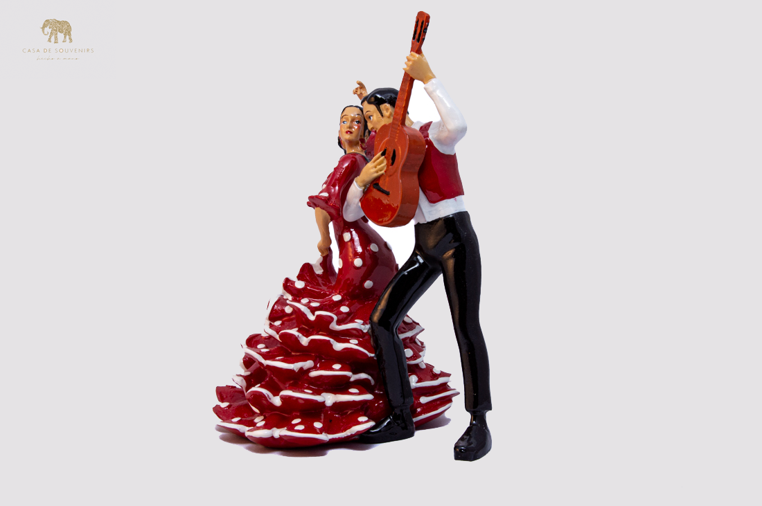 Red Flamenco Couple Dancer With Guitar ,statue made with marble dust and with enamel. It's the best collection in Spain .