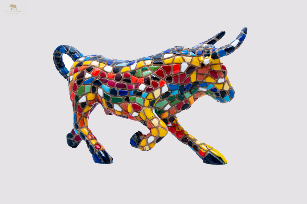 Mosaic Blue Bull statue With Big Horns made with marble dust and with enamel. It's the best collection in Spain.