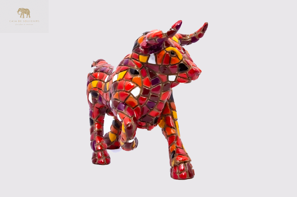 Mosaic Red And White Bull statue made with marble dust and with enamel. It's the best collection in Spain.