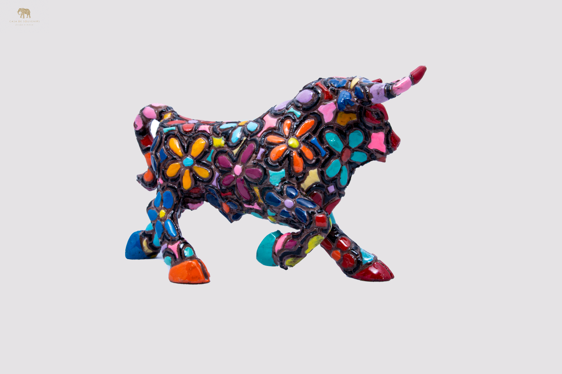 Black Flower Bull statue made with marble dust and with enamel. It's the best collection in Spain.