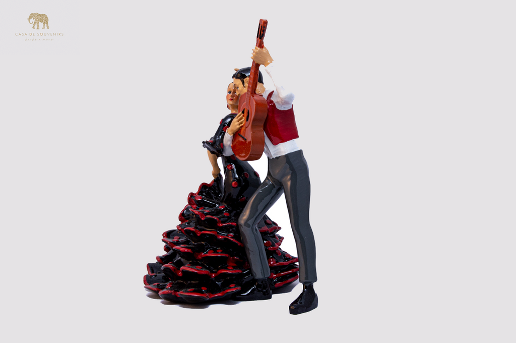 Black Flamenco Couple Dancer With Guitar ,statue made with marble dust and with enamel. It's the best collection in Spain .