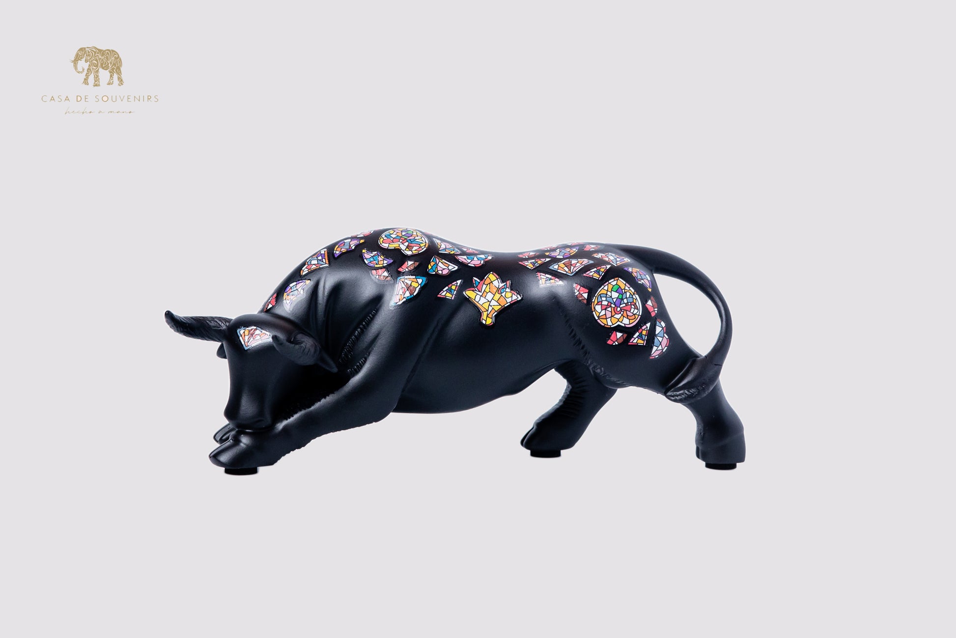 Black Handmade And Hand Painted Bull With Flowers Design One Of The Best Products In Spain.