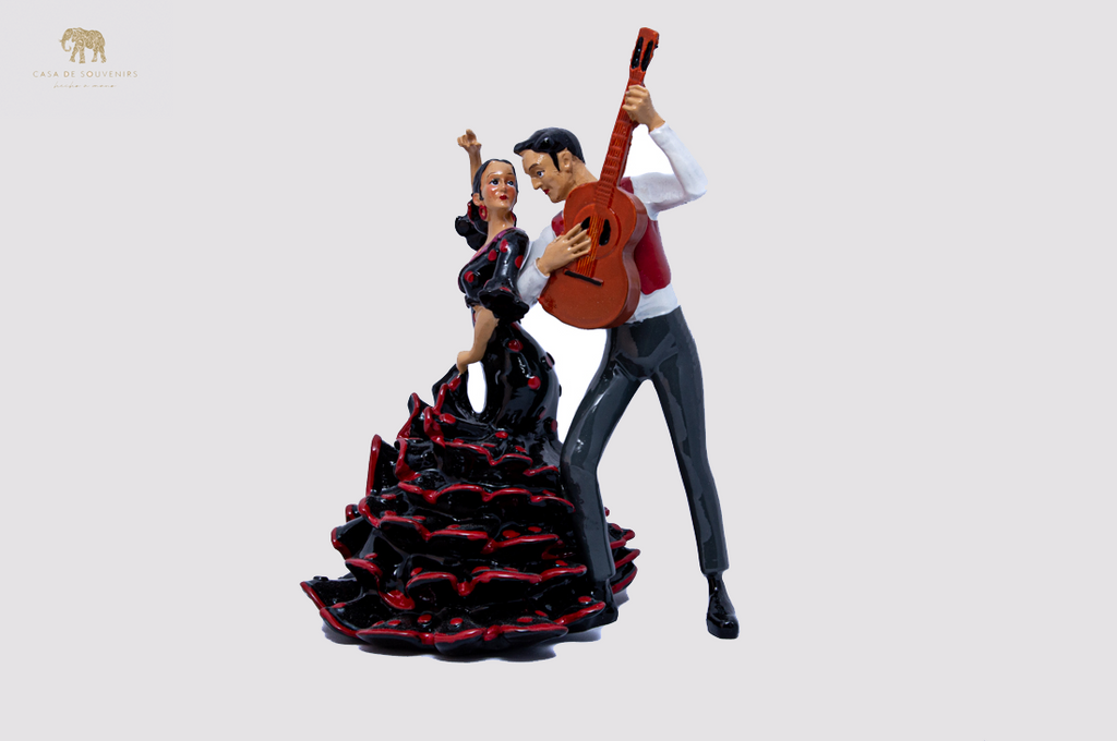 Black Flamenco Couple Dancer With Guitar ,statue made with marble dust and with enamel. It's the best collection in Spain .