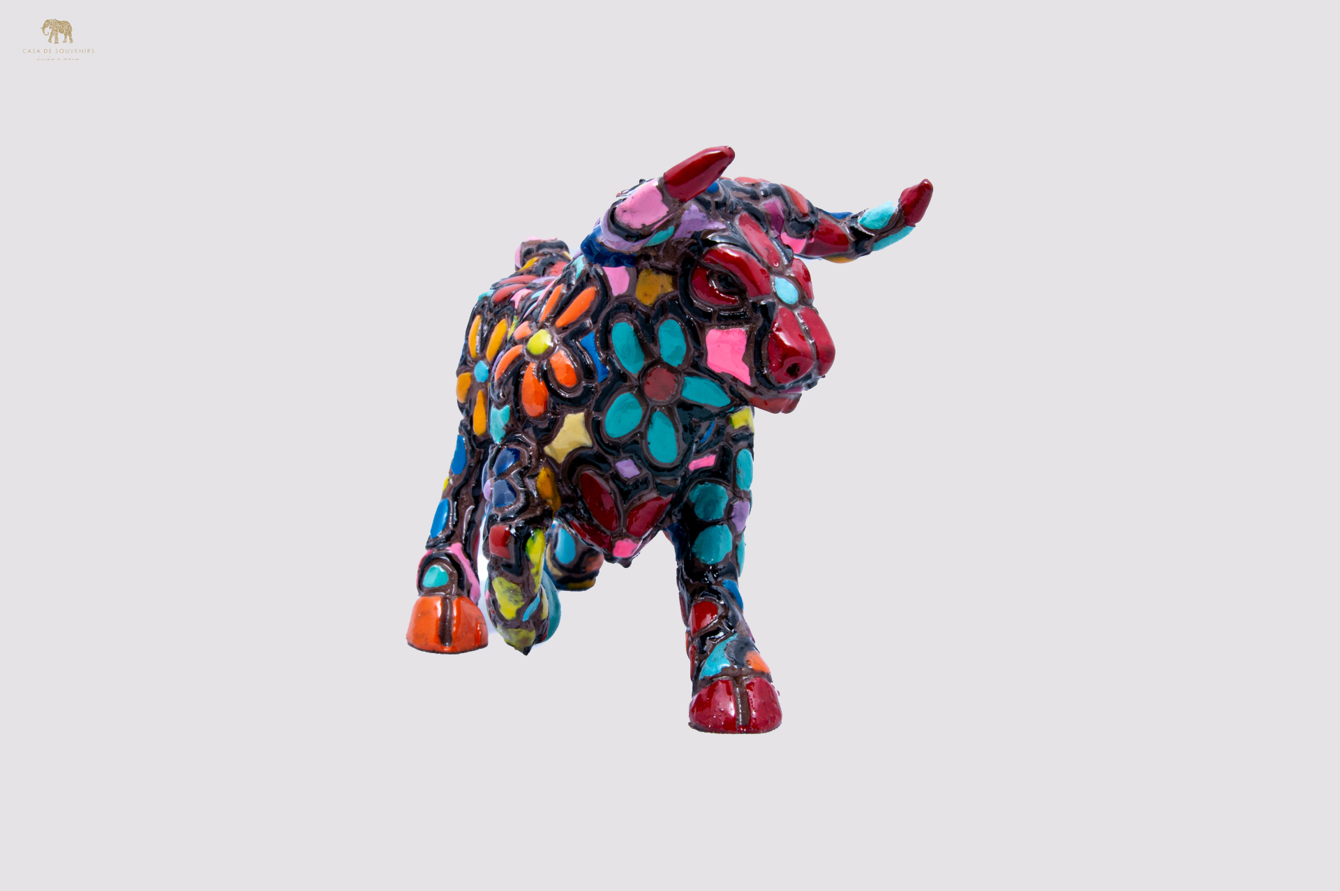 Black Flower Bull statue made with marble dust and with enamel. It's the best collection in Spain.