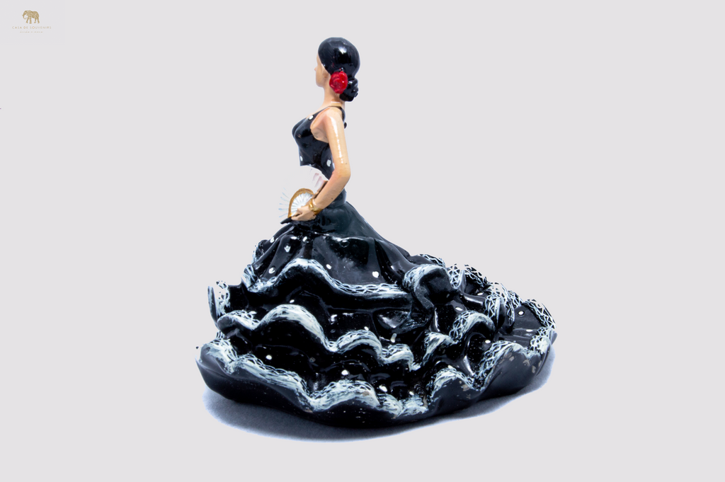 Spanish Black Flamenco Dancer With Long Dress, Figurine hand painted and handmade in Spain.