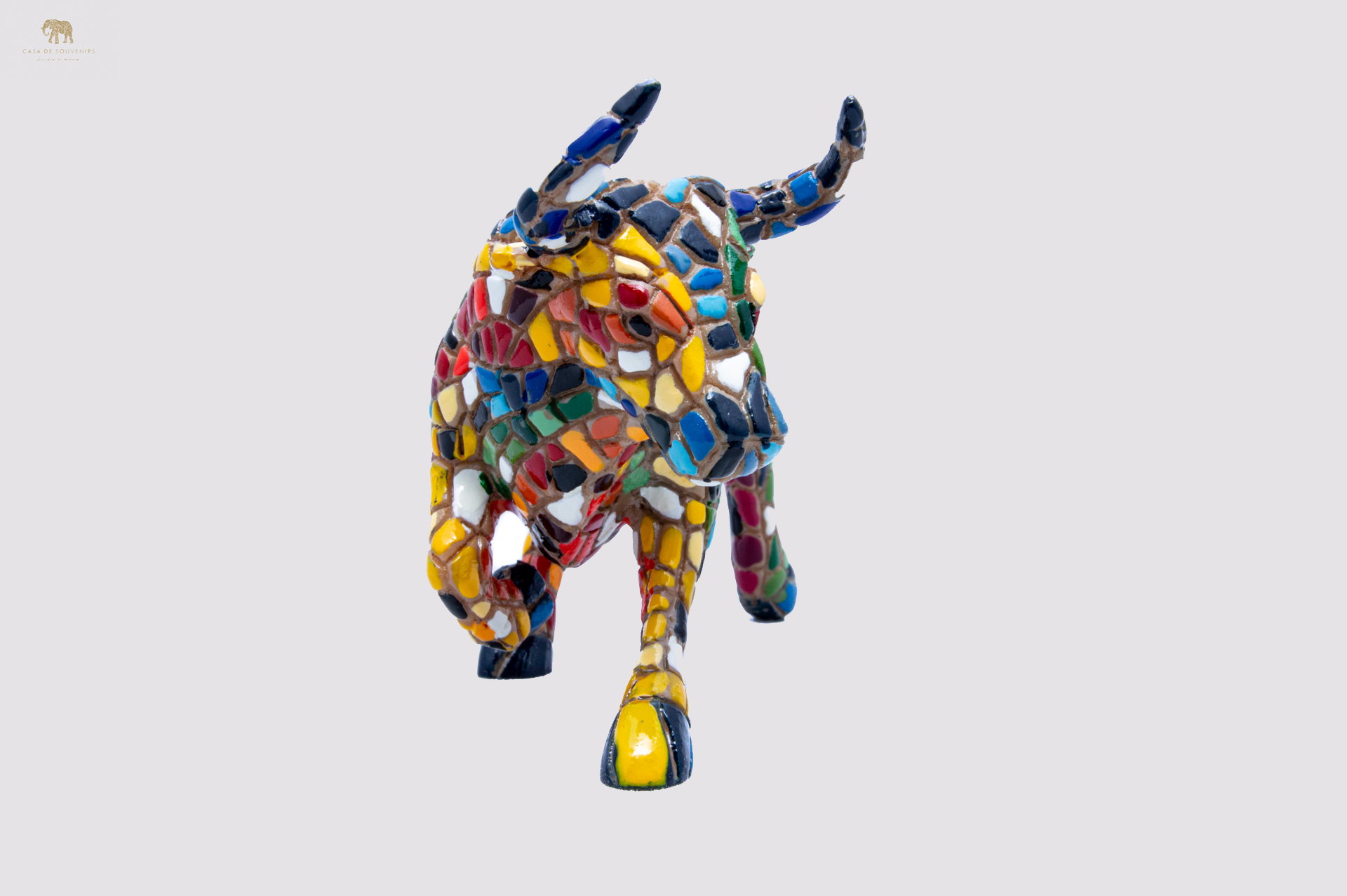 Mosaic Blue Bull statue With Big Horns made with marble dust and with enamel. It's the best collection in Spain.