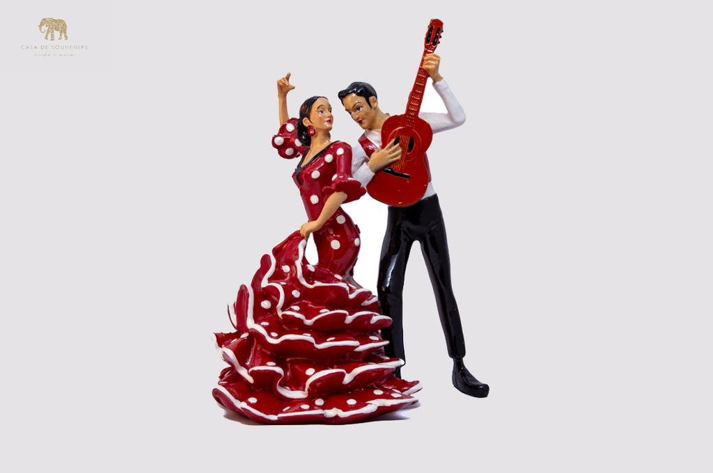Red Flamenco Couple Dancer With Guitar ,statue made with marble dust and with enamel. It's the best collection in Spain .