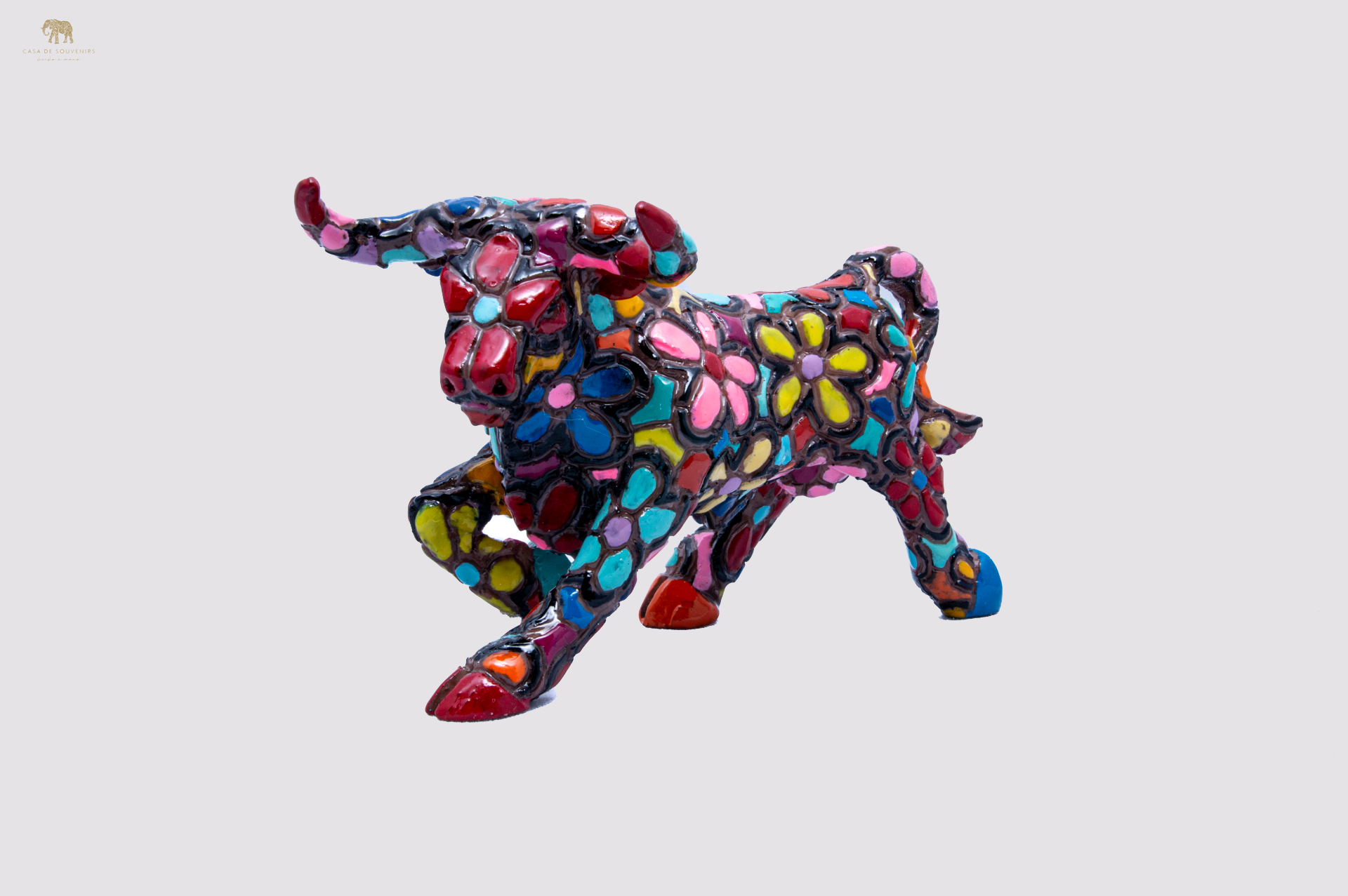 Black Flower Bull statue made with marble dust and with enamel. It's the best collection in Spain.