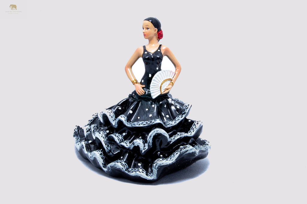 Spanish Black Flamenco Dancer With Long Dress, Figurine hand painted and handmade in Spain.