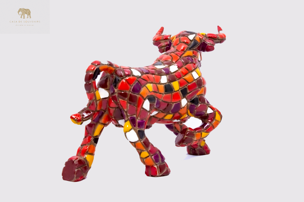 Mosaic Red And White Bull statue made with marble dust and with enamel. It's the best collection in Spain.