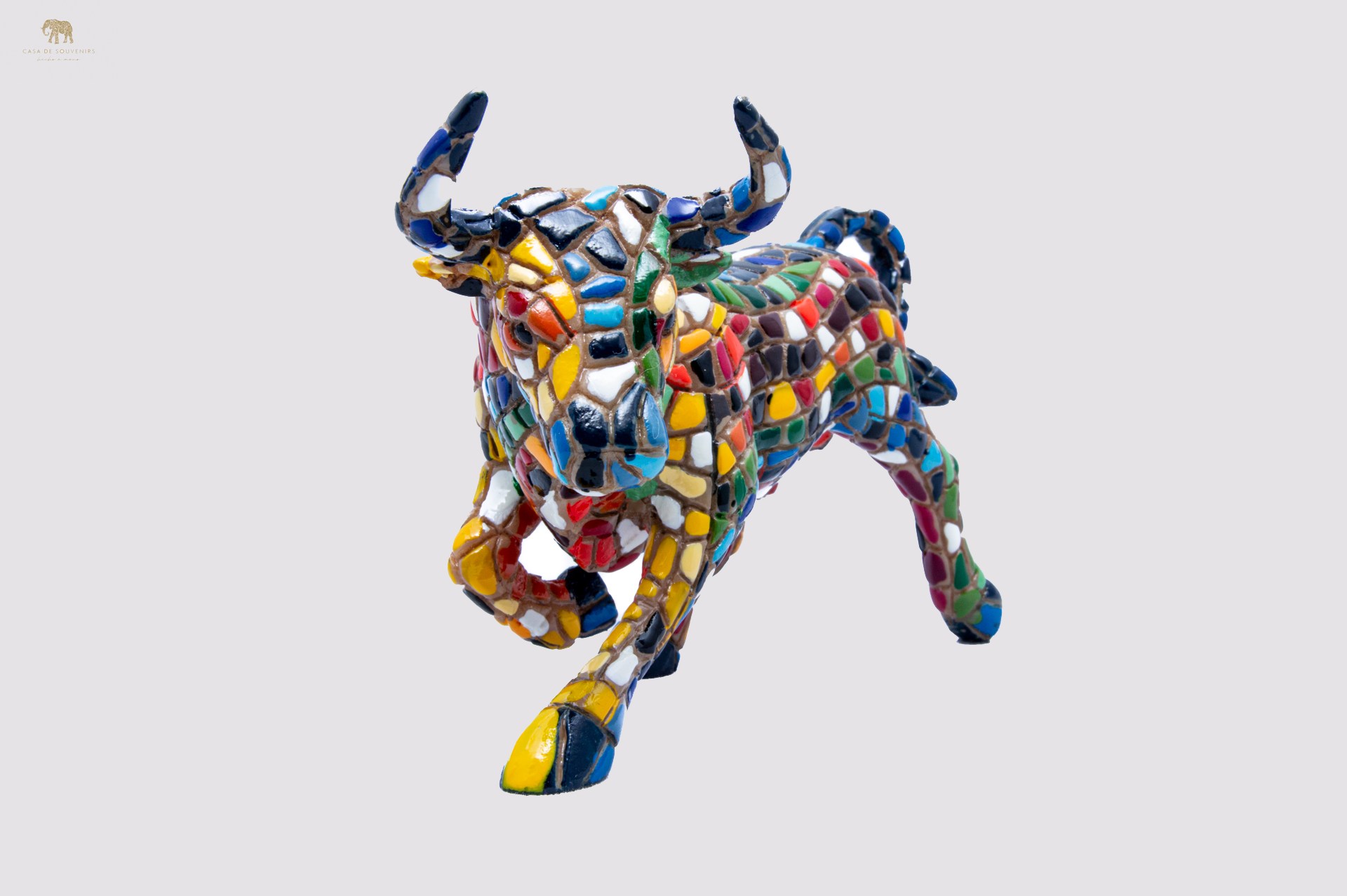 Mosaic Blue Bull statue With Big Horns made with marble dust and with enamel. It's the best collection in Spain.