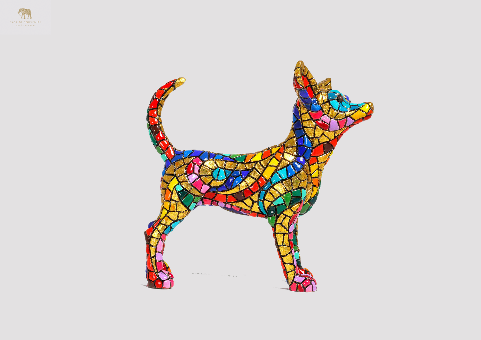 Golden Chihuahua statue made with marble dust and with enamel. It's the best collection in Spain.