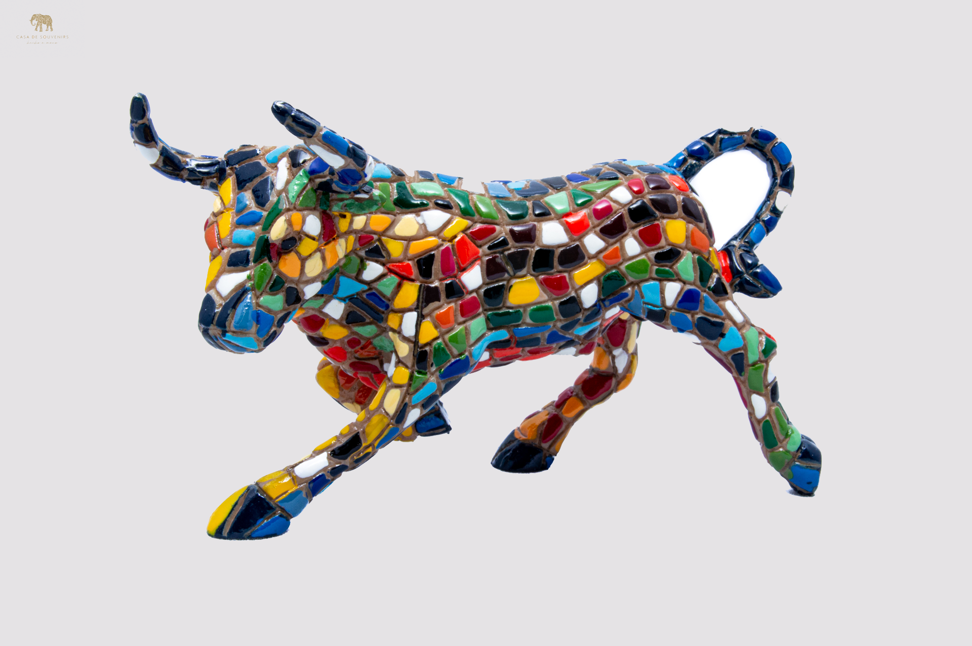 Mosaic Blue Bull statue With Big Horns made with marble dust and with enamel. It's the best collection in Spain.