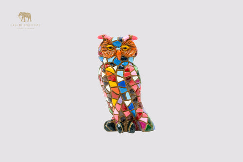 A Charming owl figurine, handcrafted in Spain and entirely hand-painted with a stunning mosaic pattern in vibrant.