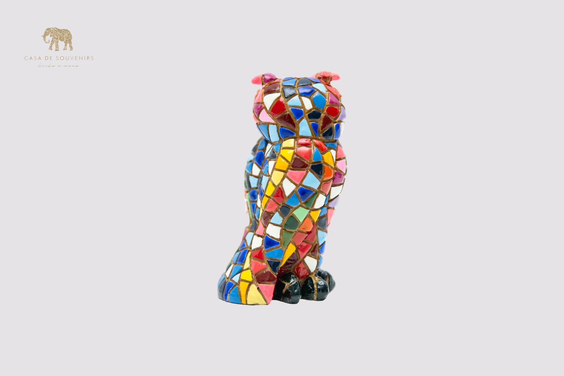 A Charming owl figurine, handcrafted in Spain and entirely hand-painted with a stunning mosaic pattern in vibrant.
