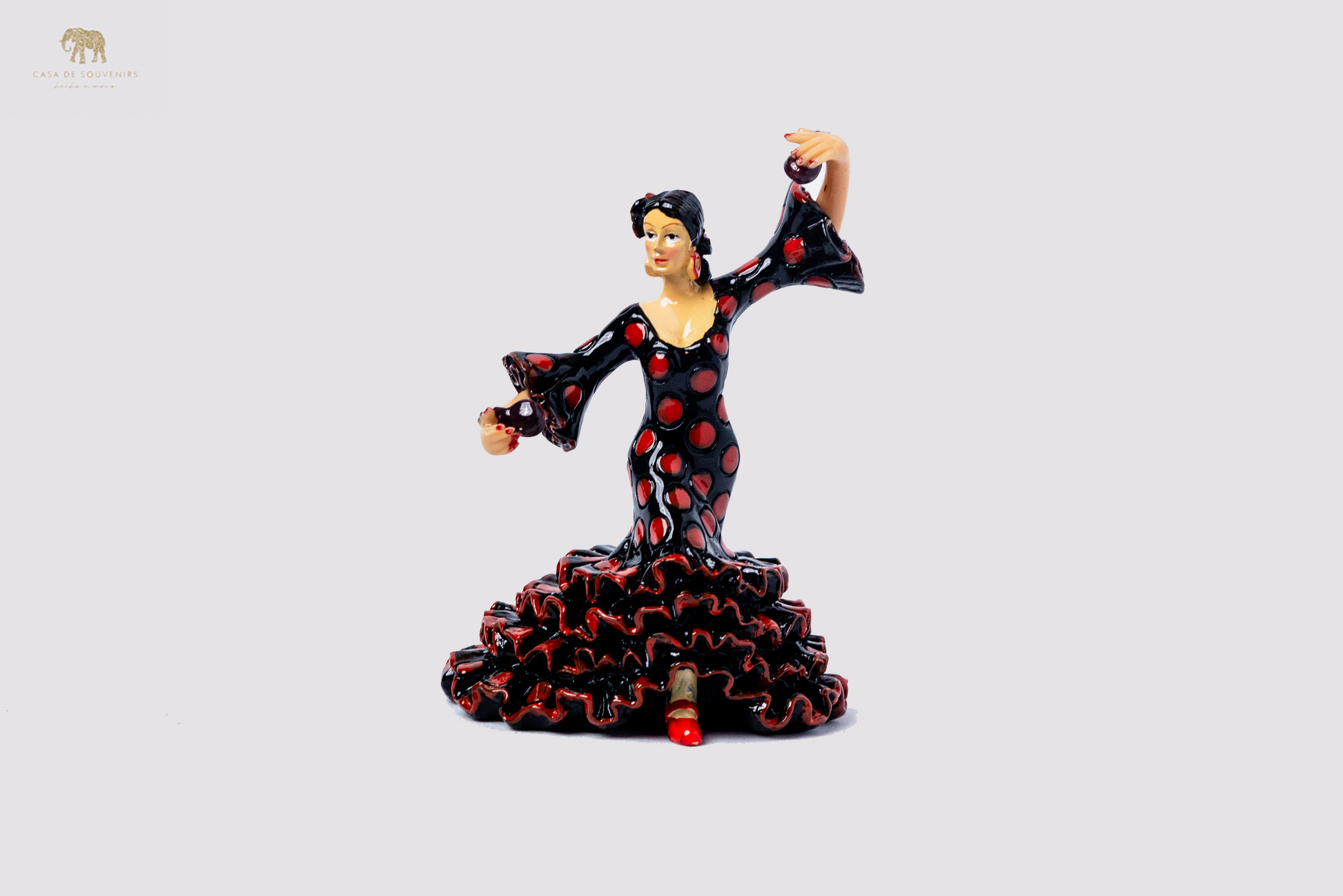 Spanish Black flamenco dancer With Red And Black Dress, Figurine hand painted and handmade in Spain.