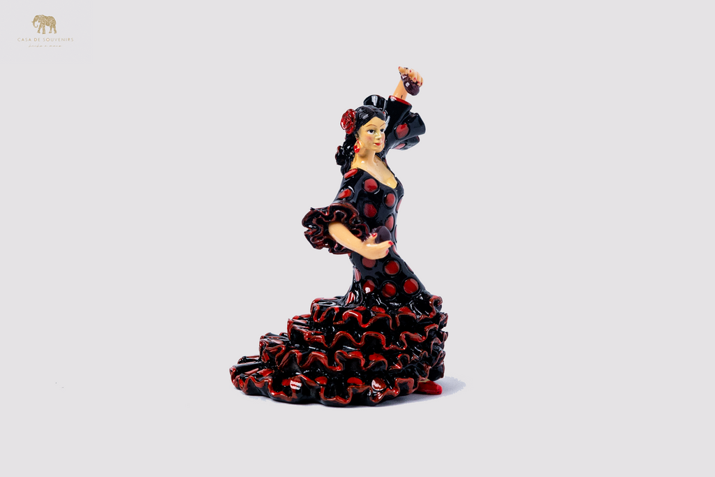 Spanish Black flamenco dancer With Red And Black Dress, Figurine hand painted and handmade in Spain.