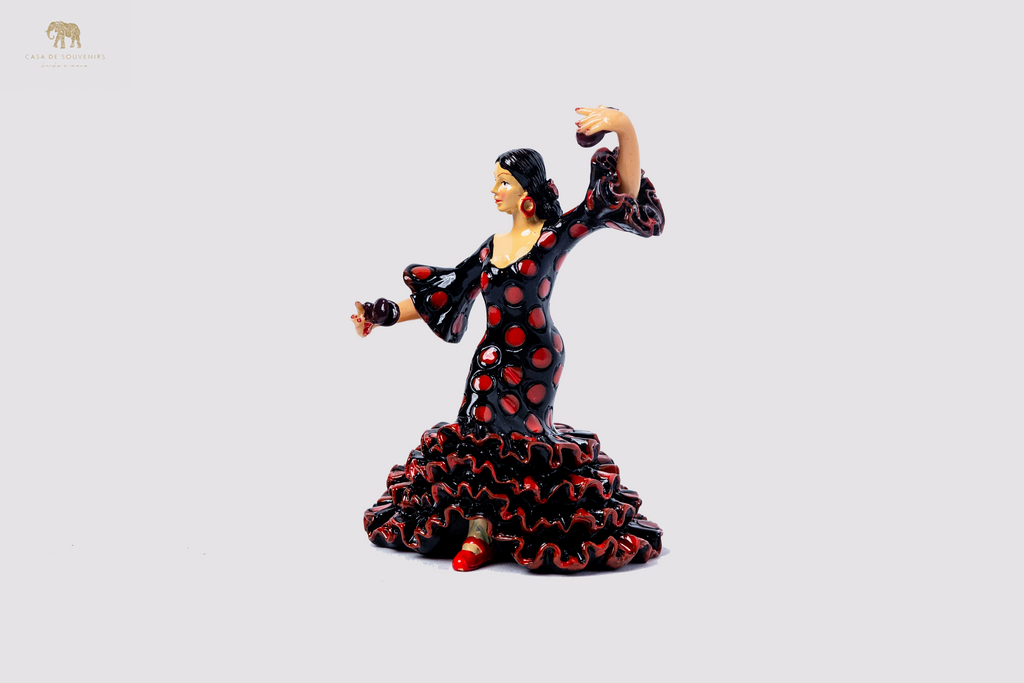 Spanish Black flamenco dancer With Red And Black Dress, Figurine hand painted and handmade in Spain.