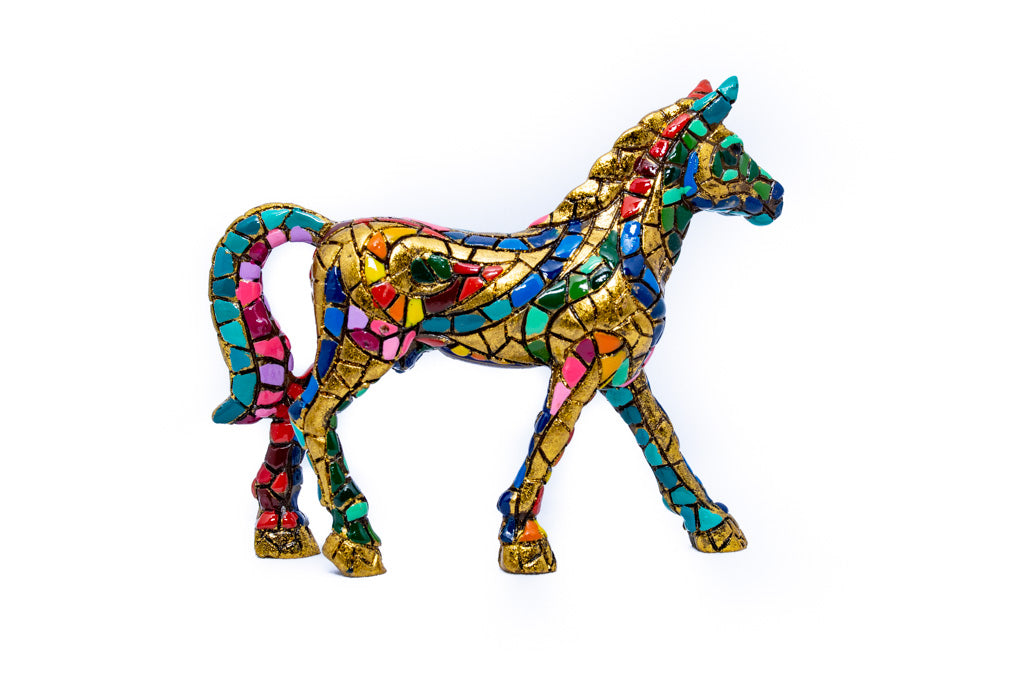 Golden horse statue made with marble dust and with enamel. It's the best collection in Spain.