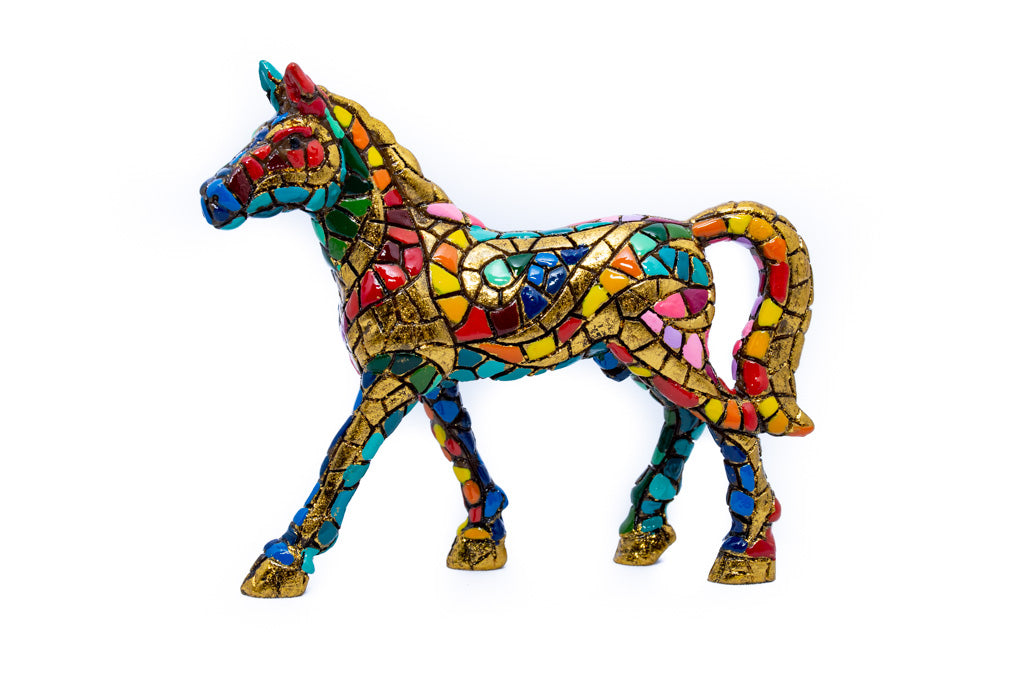 Golden horse statue made with marble dust and with enamel. It's the best collection in Spain.