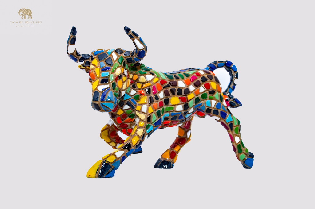 Mosaic Blue Bull statue With Big Horns made with marble dust and with enamel. It's the best collection in Spain.