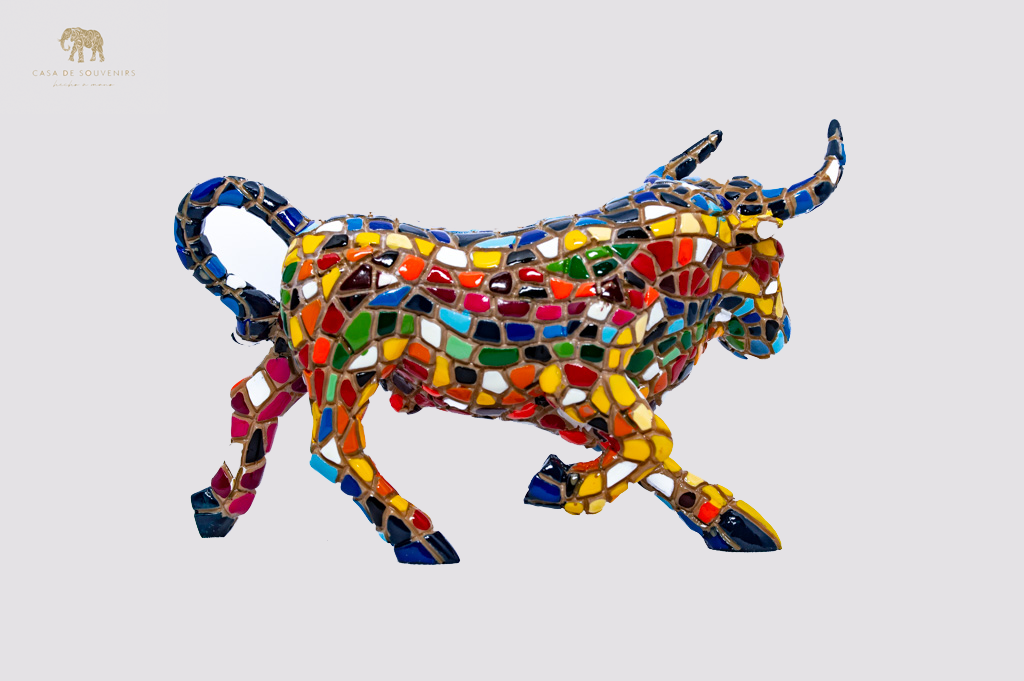 Mosaic Blue Bull statue With Big Horns made with marble dust and with enamel. It's the best collection in Spain.