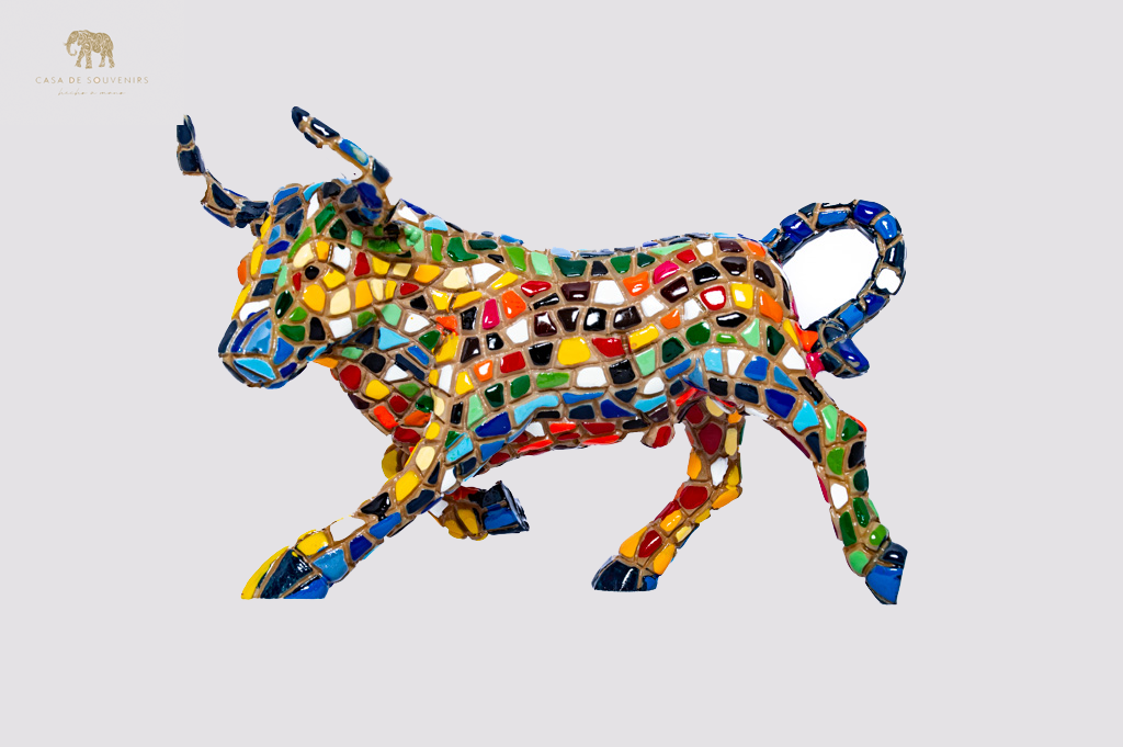 Mosaic Blue Bull statue With Big Horns made with marble dust and with enamel. It's the best collection in Spain.