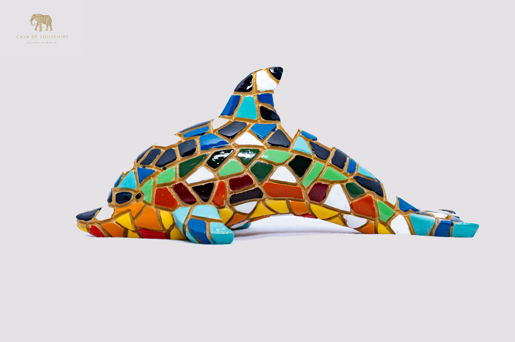 Dolphin Mosaic statue made with marble dust and with enamel. It's the best collection in Spain.