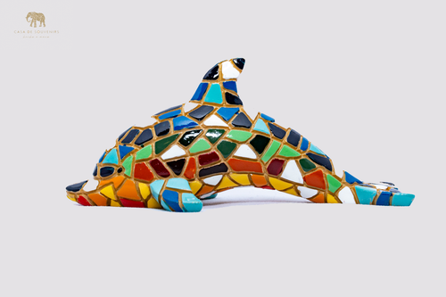Dolphin Mosaic statue made with marble dust and with enamel. It's the best collection in Spain.