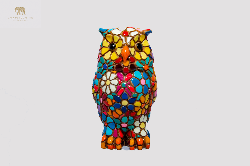 Flower Owl statue made with marble dust and with enamel. It's the best collection in Spain.