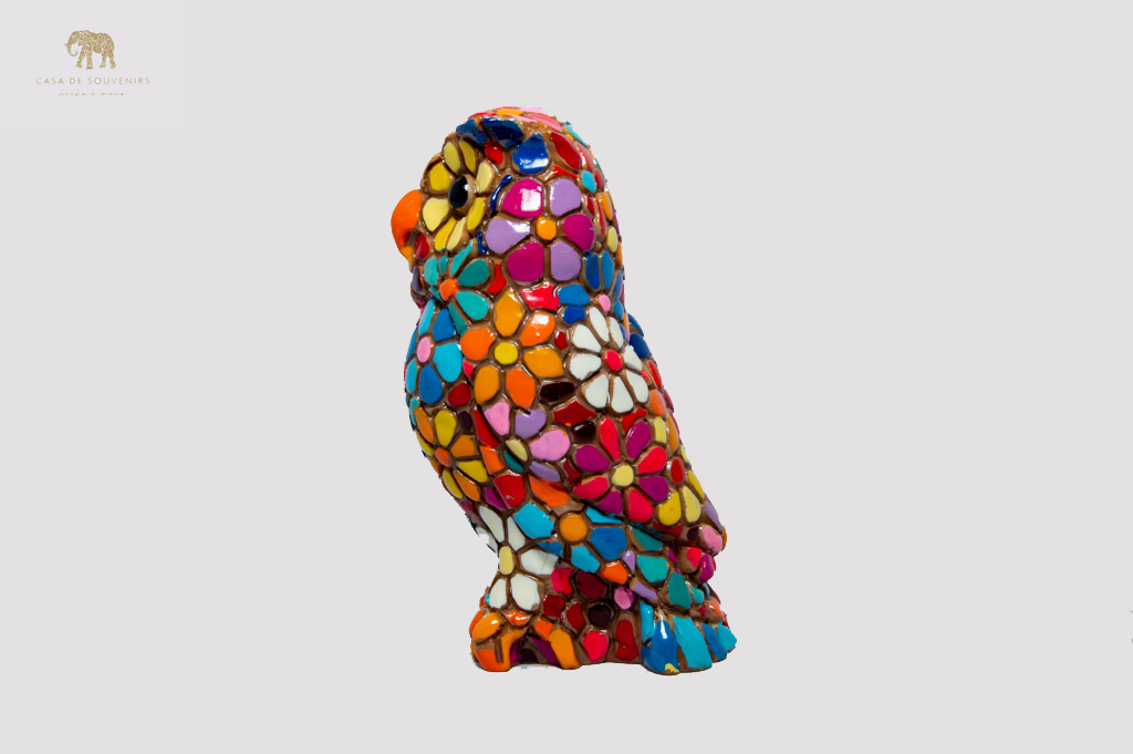 Flower Owl statue made with marble dust and with enamel. It's the best collection in Spain.