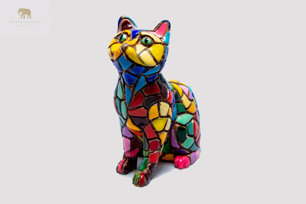 Cat Red And Blue Cat figurine, Cat Statue, Decorative Cat, Figura de Gato, Multicolor Cat ,Hand Painted