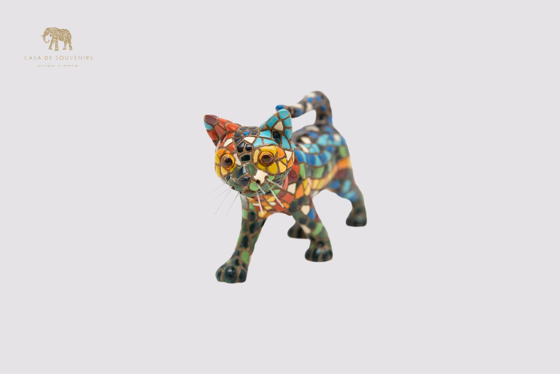 Mix Colours Mosaic Cat Standing statue made with marble dust and with enamel. It's the best collection in Spain.