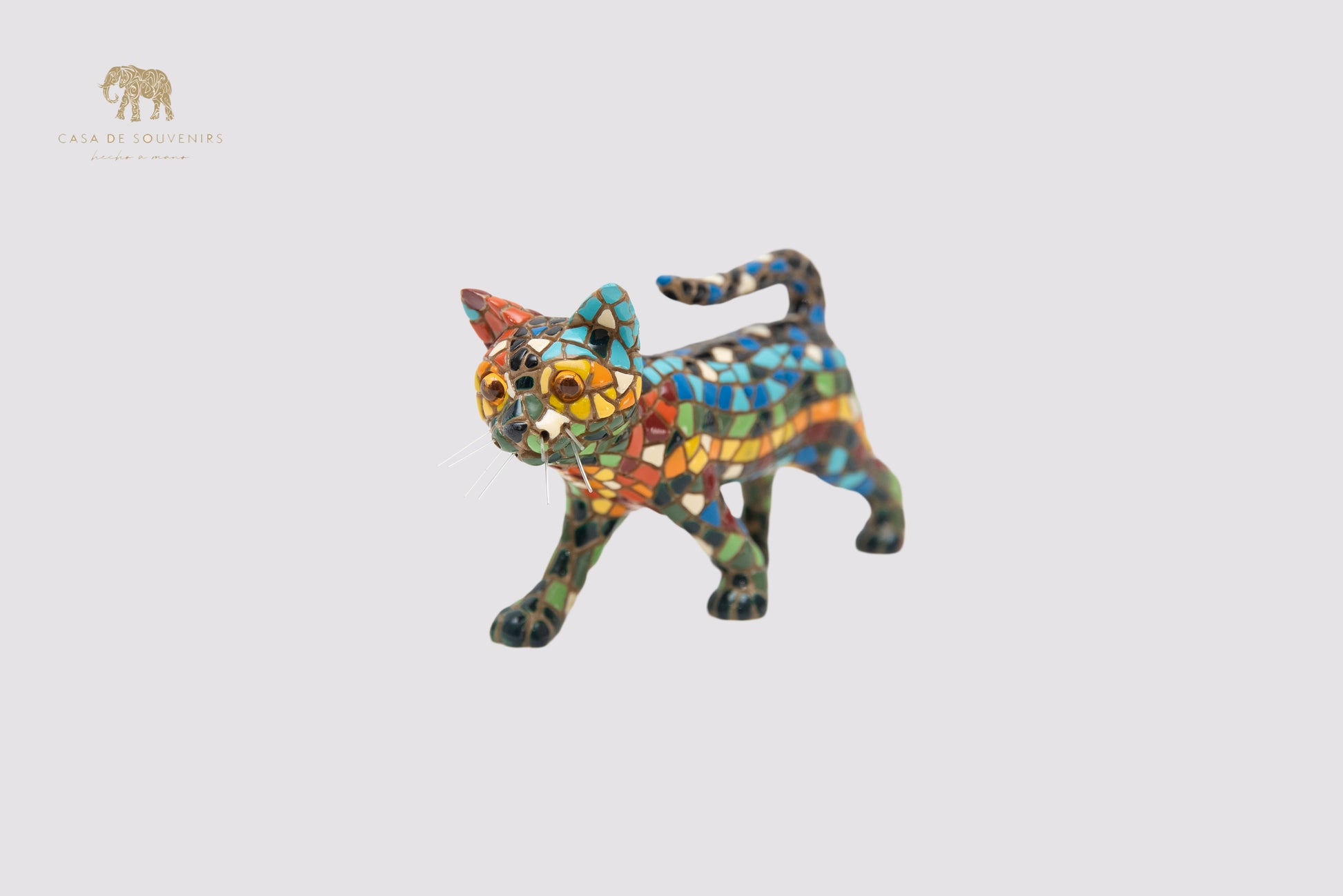 Mix Colours Mosaic Cat Standing statue made with marble dust and with enamel. It's the best collection in Spain.