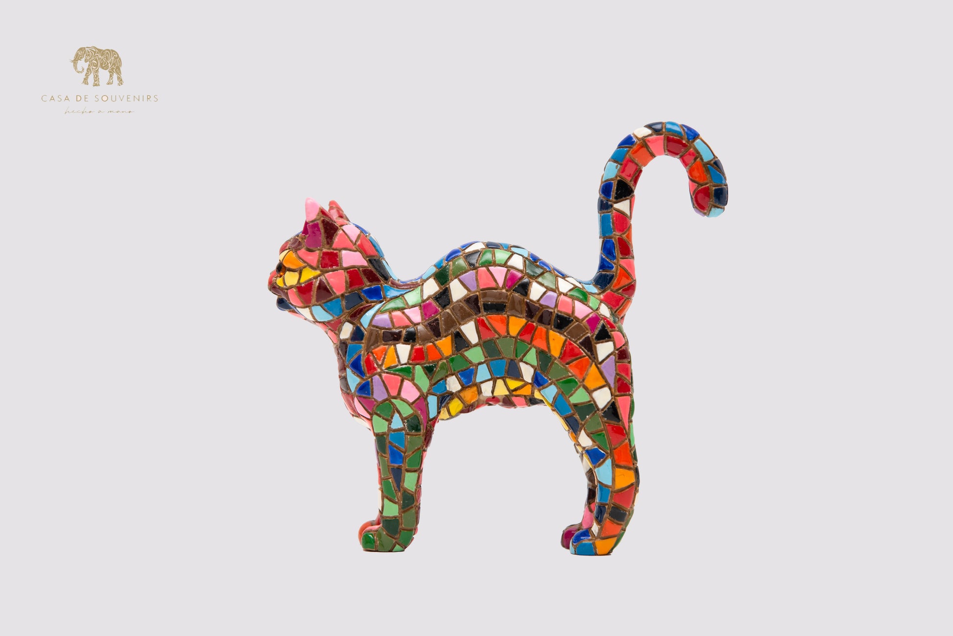 Mix Colours Mosaic Cat Stand statue made with marble dust and with enamel. It's the best collection in Spain.
