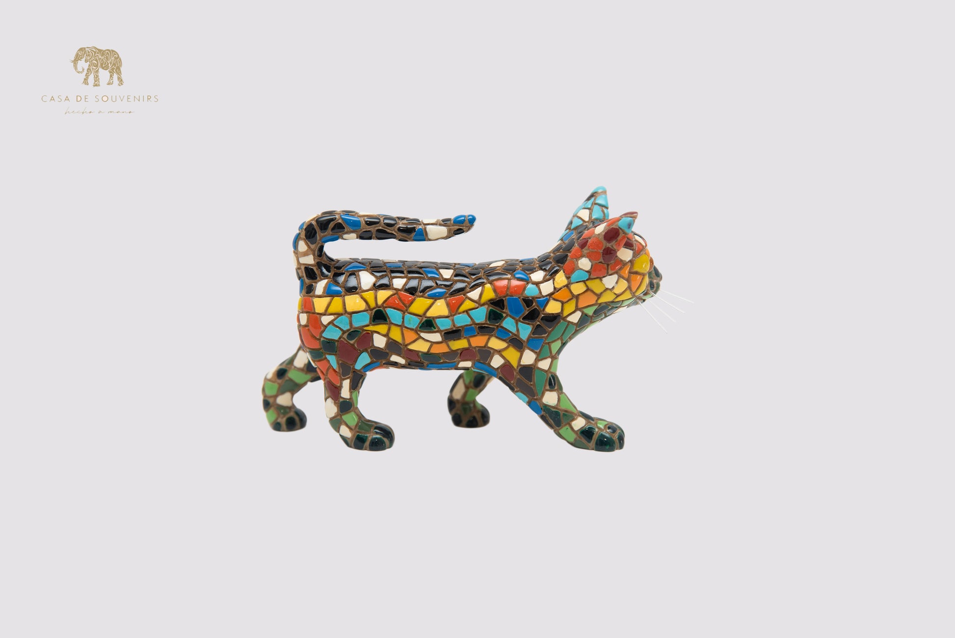 Mix Colours Mosaic Cat Standing statue made with marble dust and with enamel. It's the best collection in Spain.
